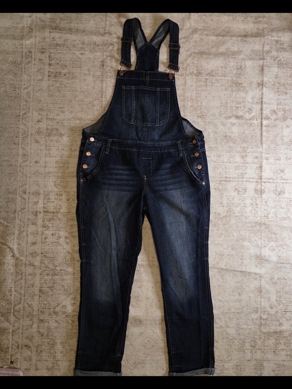 LEI Blue Denim Overalls Cuffed Leg Lightly Distressed Size Large